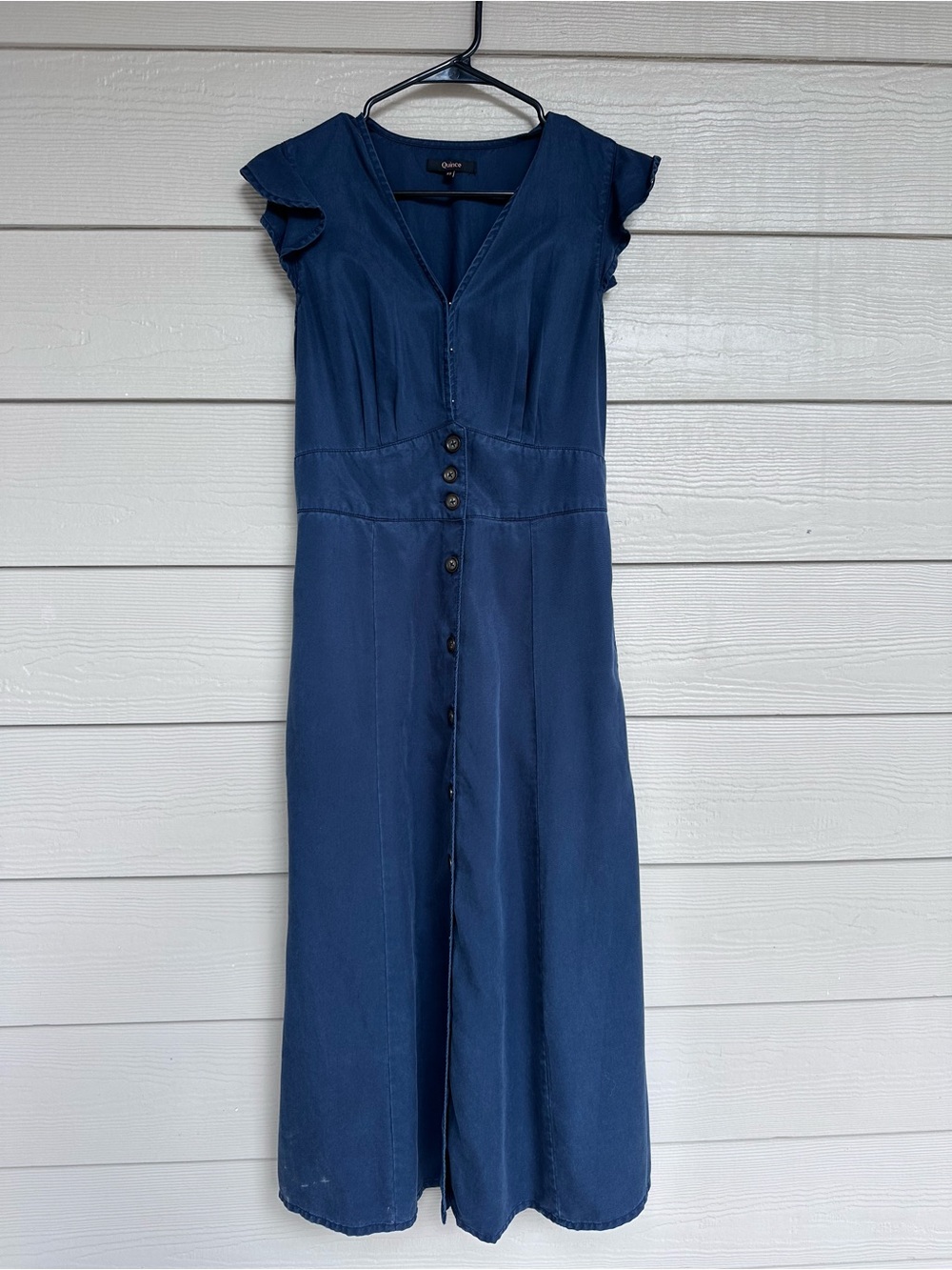 Quince Vintage Wash Tencel Button Front Midi Dress Midnight Blue Classic Prep XS